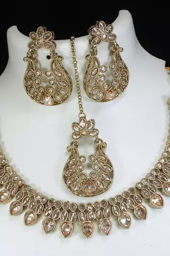 beautiful champaigne gold antique gold plated ad/zircon work polki necklace jewelry set with maangtika