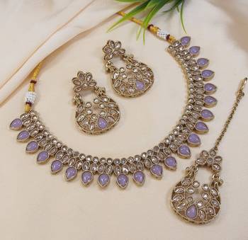beautiful purple antique gold plated ad/zircon work polki necklace jewelry set with maangtika 1