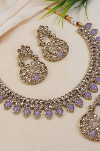 beautiful purple antique gold plated ad/zircon work polki necklace jewelry set with maangtika