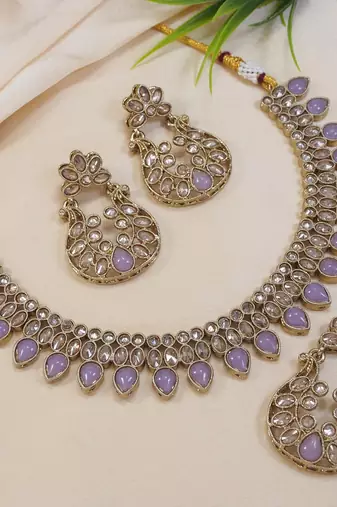 beautiful purple antique gold plated ad/zircon work polki necklace jewelry set with maangtika