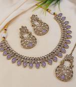 beautiful purple antique gold plated ad/zircon work polki necklace jewelry set with maangtika