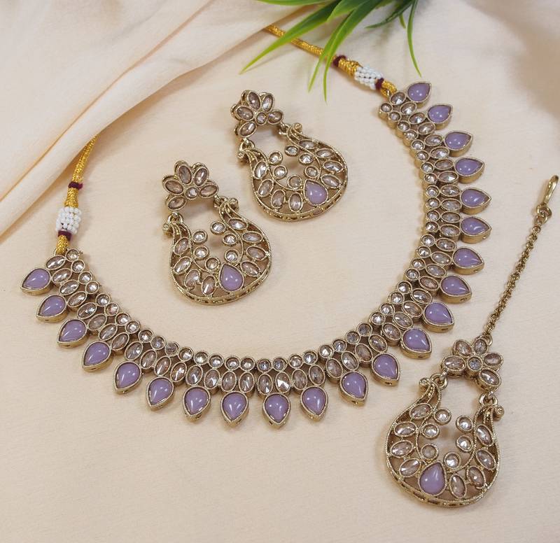 beautiful purple antique gold plated ad/zircon work polki necklace jewelry set with maangtika