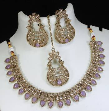 beautiful purple antique gold plated ad/zircon work polki necklace jewelry set with maangtika 2