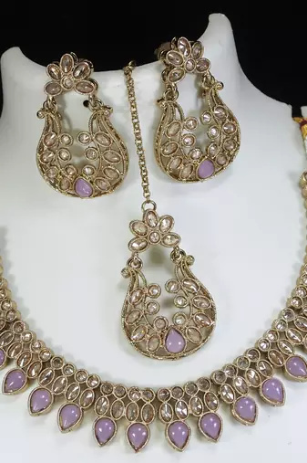 beautiful purple antique gold plated ad/zircon work polki necklace jewelry set with maangtika