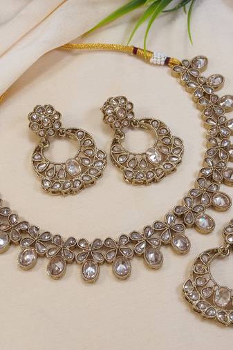 beautiful champaigne gold antique gold plated ad/zircon work polki necklace jewelry set with maangtika