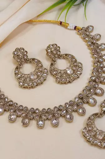 beautiful champaigne gold antique gold plated ad/zircon work polki necklace jewelry set with maangtika