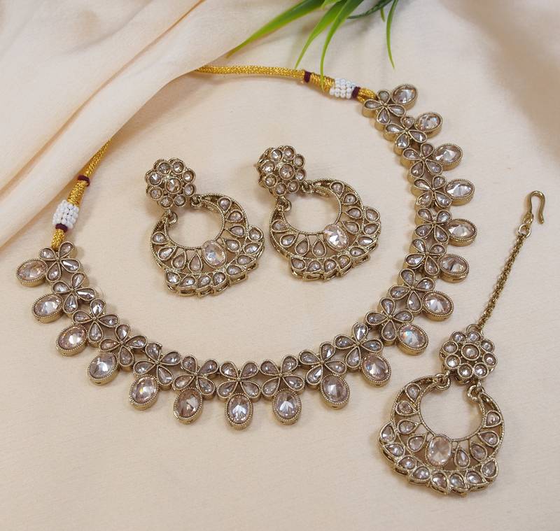 beautiful champaigne gold antique gold plated ad/zircon work polki necklace jewelry set with maangtika