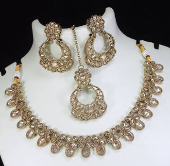 beautiful champaigne gold antique gold plated ad/zircon work polki necklace jewelry set with maangtika 2
