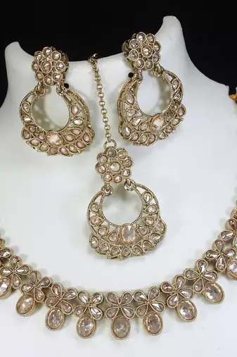 beautiful champaigne gold antique gold plated ad/zircon work polki necklace jewelry set with maangtika