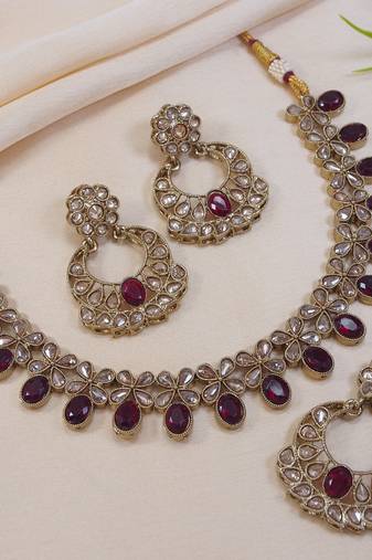 beautiful maroon antique gold plated ad/zircon work polki necklace jewelry set with maangtika