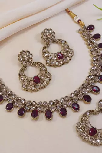 beautiful maroon antique gold plated ad/zircon work polki necklace jewelry set with maangtika