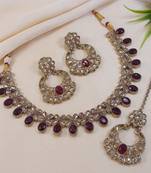 beautiful maroon antique gold plated ad/zircon work polki necklace jewelry set with maangtika