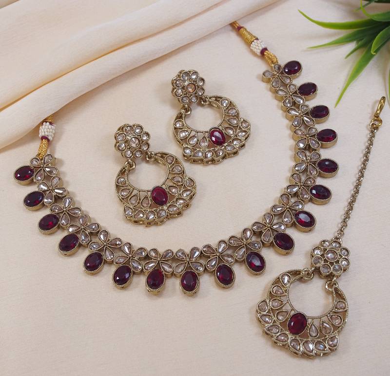beautiful maroon antique gold plated ad/zircon work polki necklace jewelry set with maangtika