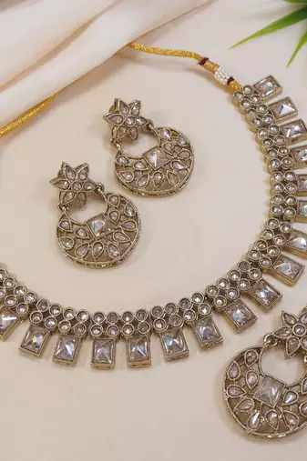 beautiful champaigne gold antique gold plated ad/zircon work polki necklace jewelry set with maangtika