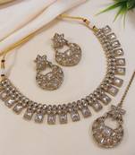 beautiful champaigne gold antique gold plated ad/zircon work polki necklace jewelry set with maangtika