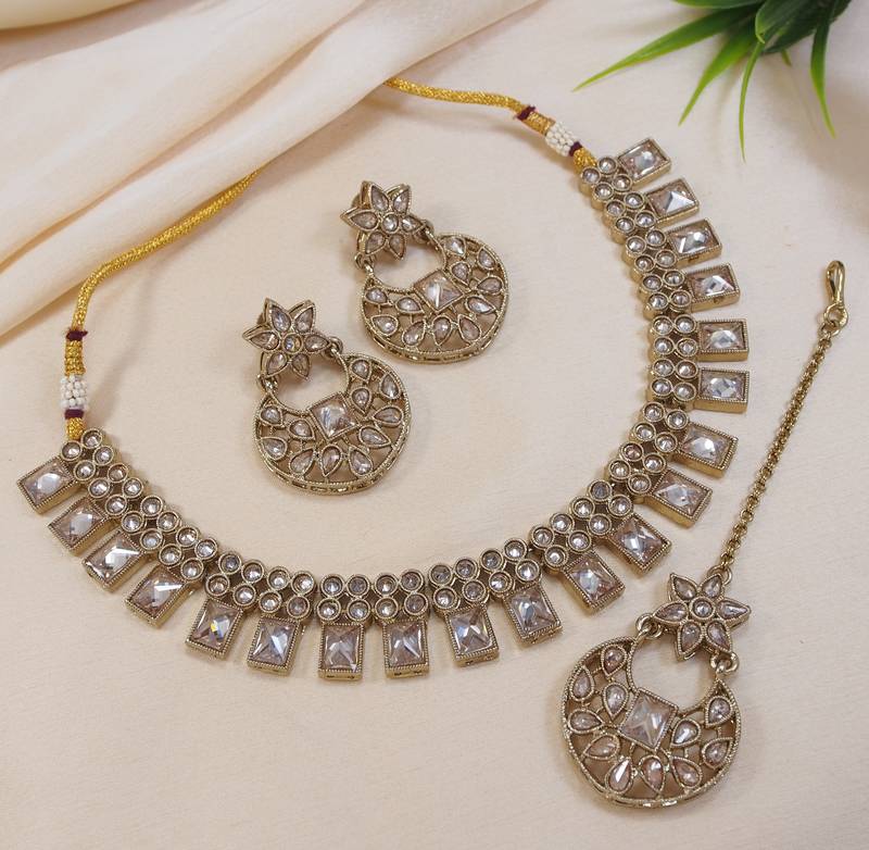 beautiful champaigne gold antique gold plated ad/zircon work polki necklace jewelry set with maangtika