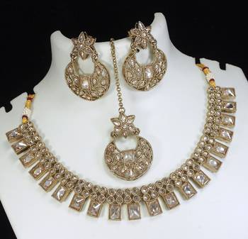 beautiful champaigne gold antique gold plated ad/zircon work polki necklace jewelry set with maangtika 2