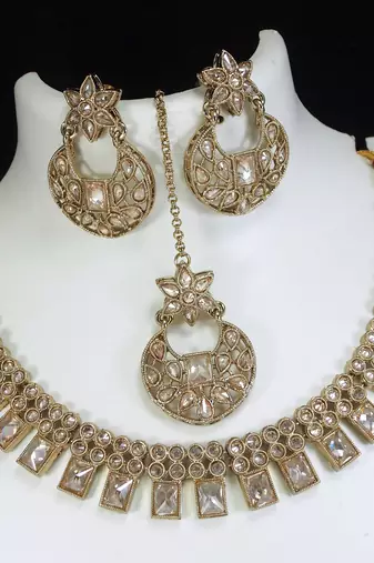 beautiful champaigne gold antique gold plated ad/zircon work polki necklace jewelry set with maangtika