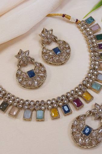beautiful multicolor antique gold plated ad/zircon work polki necklace jewelry set with maangtika