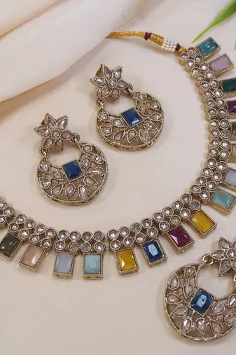 beautiful multicolor antique gold plated ad/zircon work polki necklace jewelry set with maangtika