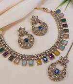 beautiful multicolor antique gold plated ad/zircon work polki necklace jewelry set with maangtika