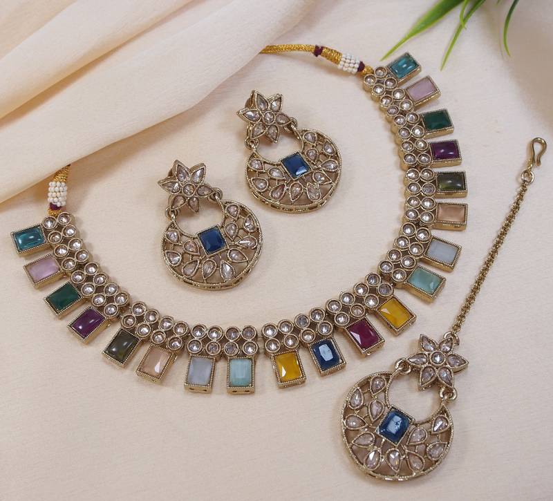 beautiful multicolor antique gold plated ad/zircon work polki necklace jewelry set with maangtika