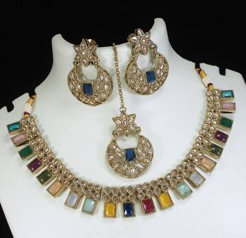 beautiful multicolor antique gold plated ad/zircon work polki necklace jewelry set with maangtika 2