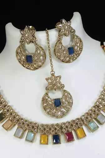 beautiful multicolor antique gold plated ad/zircon work polki necklace jewelry set with maangtika
