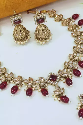 marvelous maroon mehendi gold plated ad/zircon work polki necklace jewelry set with maangtika