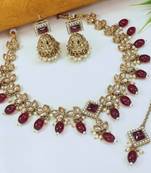 marvelous maroon mehendi gold plated ad/zircon work polki necklace jewelry set with maangtika