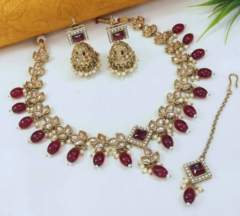marvelous maroon mehendi gold plated ad/zircon work polki necklace jewelry set with maangtika