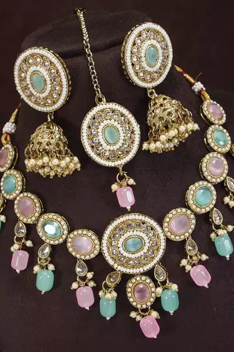 designer multicolor mehendi gold plated ad/zircon work polki necklace jewelry set with maangtika