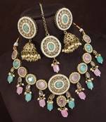 designer multicolor mehendi gold plated ad/zircon work polki necklace jewelry set with maangtika