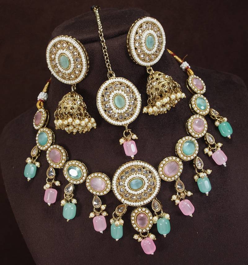 designer multicolor mehendi gold plated ad/zircon work polki necklace jewelry set with maangtika