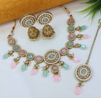 designer multicolor mehendi gold plated ad/zircon work polki necklace jewelry set with maangtika 2