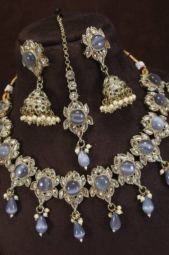 preety purple mehendi gold plated ad/zircon work polki necklace jewelry set with maangtika