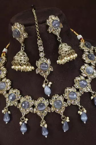 preety purple mehendi gold plated ad/zircon work polki necklace jewelry set with maangtika