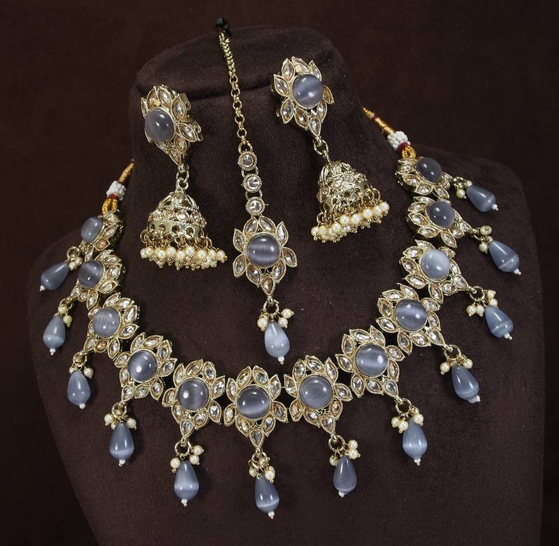 preety purple mehendi gold plated ad/zircon work polki necklace jewelry set with maangtika