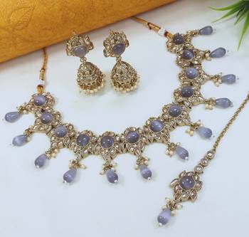 preety purple mehendi gold plated ad/zircon work polki necklace jewelry set with maangtika 2