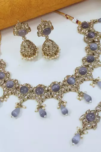 preety purple mehendi gold plated ad/zircon work polki necklace jewelry set with maangtika
