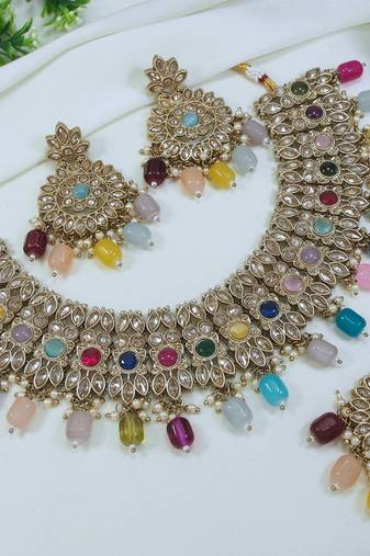 designer multicolor mehendi gold plated ad/zircon work polki necklace jewelry set with maangtika