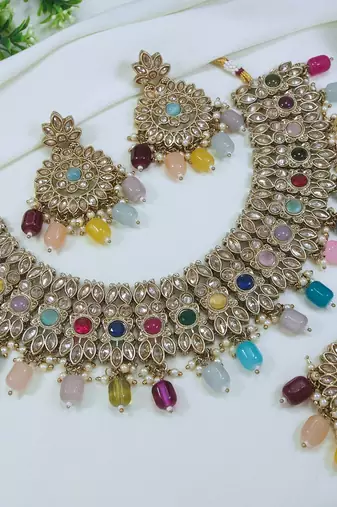 designer multicolor mehendi gold plated ad/zircon work polki necklace jewelry set with maangtika