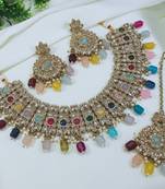 designer multicolor mehendi gold plated ad/zircon work polki necklace jewelry set with maangtika