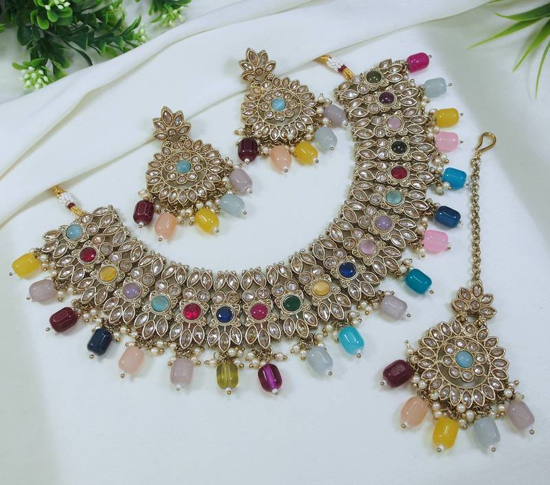 designer multicolor mehendi gold plated ad/zircon work polki necklace jewelry set with maangtika