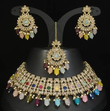 designer multicolor mehendi gold plated ad/zircon work polki necklace jewelry set with maangtika 2