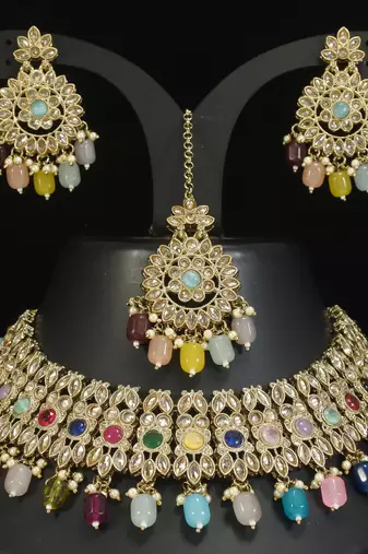 designer multicolor mehendi gold plated ad/zircon work polki necklace jewelry set with maangtika
