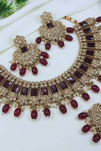 royal maroon mehendi gold plated ad/zircon work polki necklace jewelry set with maangtika