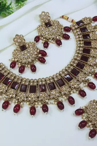 royal maroon mehendi gold plated ad/zircon work polki necklace jewelry set with maangtika