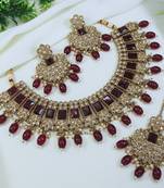 royal maroon mehendi gold plated ad/zircon work polki necklace jewelry set with maangtika