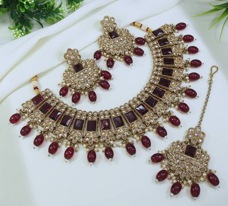 royal maroon mehendi gold plated ad/zircon work polki necklace jewelry set with maangtika